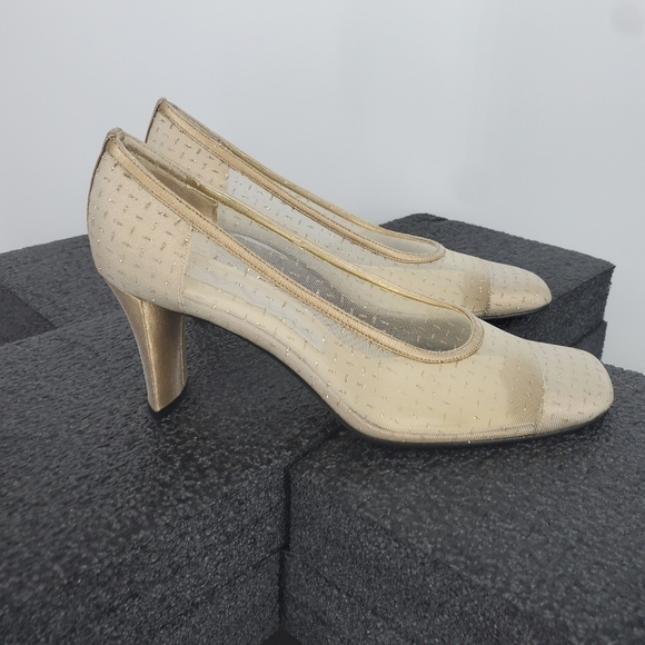 Nina Heel Pumps Wedding Shoes Size 7M Vintage WOMENS Gold Sparkle Mesh - Picture 7 of 13